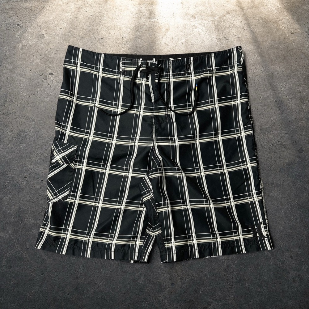 Hurley Plaid Board Shorts Black White Skater Y2K Swim Trunks Size 36